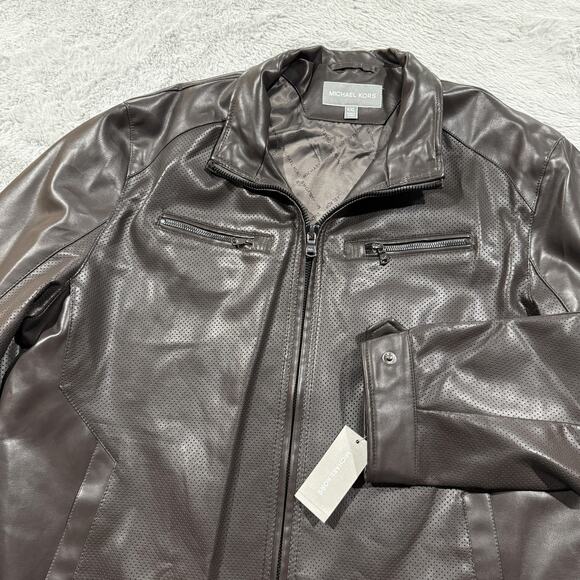 Michael Kors Jacket Mens 2XL Brown Faux Leather Moto Perforated Full Zip New NWT - Picture 1 of 13